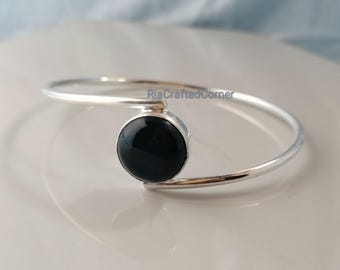 Sterling Silver Black Onyx Bangle - Dainty Gemstone Bracelet