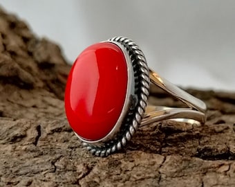 Anello in argento sterling con corallo rosso, pietra preziosa ovale, stile vintage