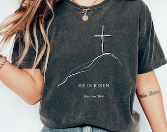 He Is Risen Shirt Matthew 28:6 Tee, Christian Easter T-Shirt, Minimalist Cross Sweatshirt, Resurrection Sunday Crewneck, Faith Based Gift