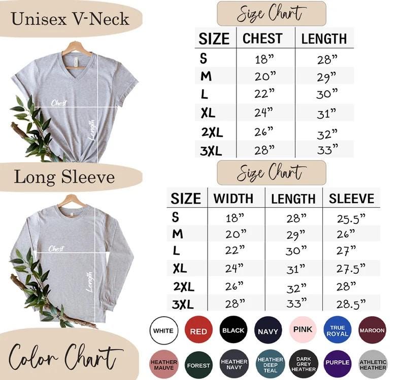 May include: A product image featuring a gray V-neck and long-sleeve shirt with a size chart and color chart. The size chart includes chest, length, width, and sleeve measurements in inches. The color chart displays various colors, including white, red, and black.