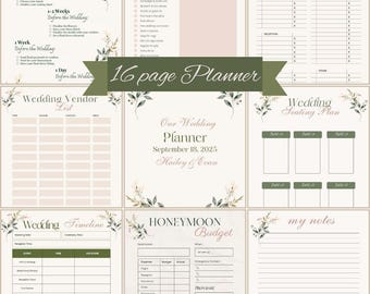 May include: A 16-page wedding planner with a cream background and floral accents. The planner includes sections for checklists, budgets, vendor lists, timelines, seating plans, and honeymoon planning. The cover reads "Our Wedding Planner, September 18, 2025, Hailey & Evan."