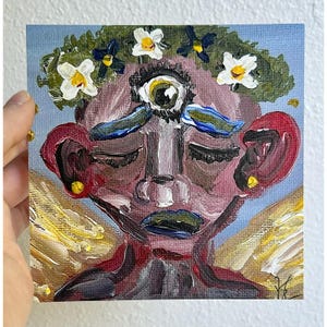 I See Now: Art Print (5x5, 8x8), Whimsical Acrylic Painting, Modern Indie Decor, Fun Angel Portrait, Boho Hippie Statement, Unframed Glicée
