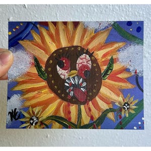 Sunflower Gone Mad: Art Print (4 x 5), gotisch acrylschilderij, surrealistisch bloemenkunstwerk, eng plantendecor, ongebruikelijk ingelijst glicée-statement