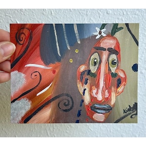 Daisy-Head Man: Art Print (4x5), Funky Acrylic Painting, Quirky Indie Decor, Fun Hipster Artwork, Modern Abstract Statement, Unframed Glicée