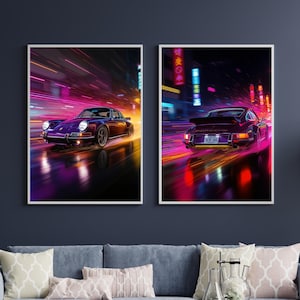 Porsche 911 classica alla guida di notte – Poster di auto al neon vibrante