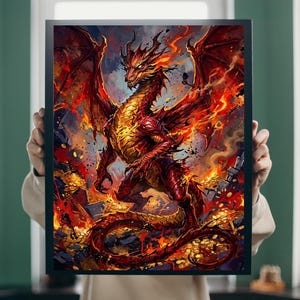 Puede incluir: Impresión enmarcada que presenta un dragón rojo y dorado envuelto en llamas. El dragón tiene grandes alas y se encuentra sobre un fondo de fuego con monedas de oro y escombros. La obra de arte es vibrante y detallada.