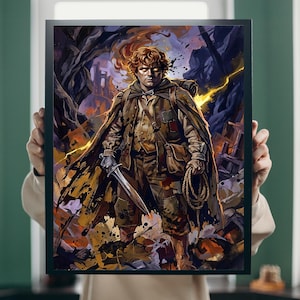 Puede incluir: Una impresión artística enmarcada que presenta a un personaje de una historia de fantasía. La obra de arte representa a una figura con capa y atuendo marrón, sosteniendo una espada y una cuerda. El fondo muestra un paisaje de guerra en llamas con colores oscuros y dramáticos.