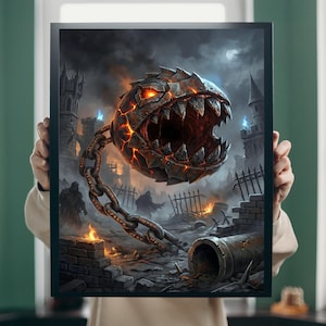 Może przedstawiać: Oprawiony wydruk fantasy przedstawiający łańcuchową, kolczastą kulę z rozdziawioną paszczą, na tle zrujnowanego krajobrazu miejskiego z płonącymi budynkami i złowieszczymi postaciami. Grafika wykorzystuje ciemną, ognistą paletę kolorów.