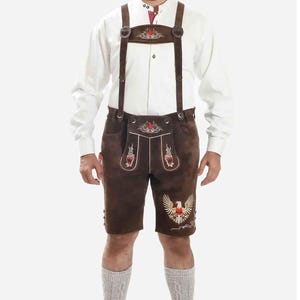 Men’s Brown Bavarian Lederhosen with Suspenders | Authentic Oktoberfest Outfit | Traditional German Leather Shorts