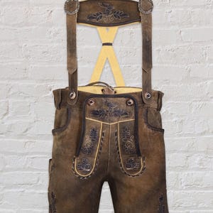 Men’s Traditional Lederhosen Shorts with Suspenders | German Bavarian Oktoberfest Costume | Brown Embroidered Leather Outfit