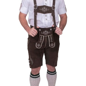 Men’s Brown Lederhosen Shorts with Suspenders | Authentic Bavarian Oktoberfest Outfit | Real Leather German Costume