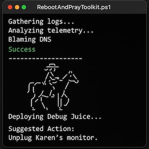 Può includere: Uno schermo nero di computer mostra il testo da "RebootAndPrayToolkit.ps1". Il testo include "Gathering logs...", "Analyzing telemetry...", "Blaming DNS" e "Success". Un disegno a tratto di una persona a cavallo è al centro. Il testo "Deploying Debug Juice..." e "Unplug Karen's monitor."