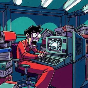 May include: Illustration of a person in a red jumpsuit, looking stressed while working on a vintage computer. The room is filled with stacks of books and papers, with fluorescent lights overhead. A mug of coffee sits on the desk.