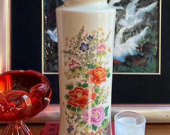 Vintage Japanese Floral Vase – Tall Crackle-Glaze Ceramic, Hand-Painted Flowers, 1970s Japan Studio Art