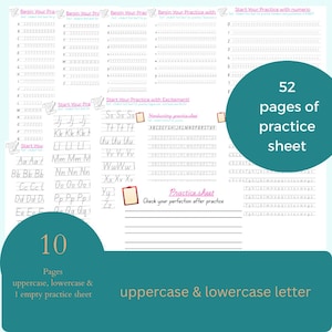 May include: A handwriting practice sheet with 52 pages. The sheet includes uppercase and lowercase letters for practice. The image also shows 10 pages of uppercase, lowercase, and one empty practice sheet.
