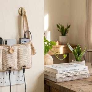以下が含まれることがあります： ベージュのかぎ針編みの充電ステーション。3つのポケット、タッセル、木製のボタンが付いています。真鍮製のフック2つに吊り下げられ、コンセントに3本の充電ケーブルが接続されています。携帯電話と充電器が入っています。