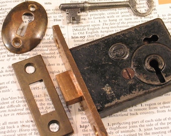 Vintage PENN Brass Mortise Door Bolt Set w Skeleton Key Antique Hardware