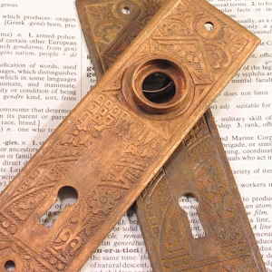 Pair Bronze CEYLON Eastlake Door Plates CORBIN Antique Brass Victorian Doorknob Hardware