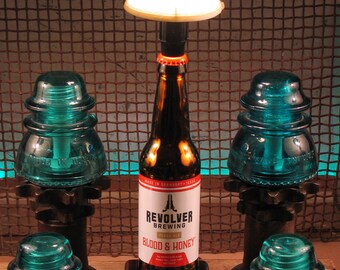 Bottle Lamp Trophy REVOLVER Silver Mirror Beer Light w White Shade & LED Bulb