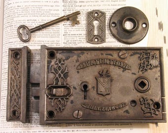 Lg Eastlake BRANFORD Fancy Entry Door Rim Box Lock Set w Skeleton Key BLW Hardware