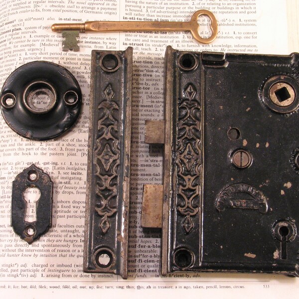 Fancy Eastlake Door Rim Box Lock Set w Brass Skeleton Key NORWALK Antique Victorian Decorative Doorknob Latch Hardware