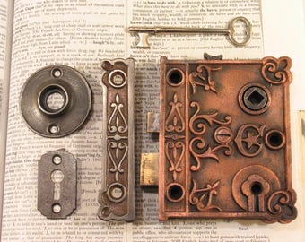 Fancy Victorian Door Rim Box Lock Set w Skeleton Key - Antique Vintage Decorative Doorknob Latch Hardware