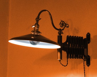 XL 44" WESTERN ELECTRIC 47C Scissor Lamp w 14" Porcelain Metal Shade - Industrial Light Fixture Sconce - Steampunk Lighting
