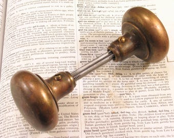 Pair Vintage Plain Brass Doorknobs w Threaded Rod & Set Screws - Antique Door Knobs Hardware #B