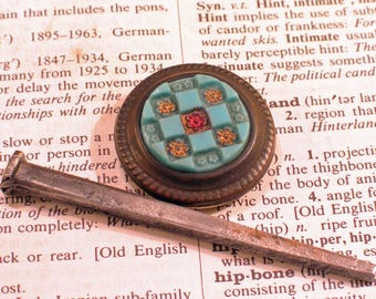 Victorian BLUE CHECKER Picture Nail 1-1/8" Intaglio Glass Head w Brass Trim - Antique Home Hardware #B