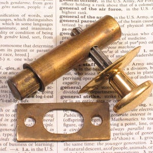 May include: A brass door latch mechanism consisting of a cylindrical bolt housing, a spring-loaded plunger with a flat circular head, and a rectangular strike plate with two screw holes. The metal components exhibit a polished and aged brass finish.