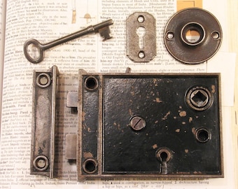 Victorian R&E Door Rim Box Lock Set w Skeleton Key RUSSELL ERWIN Antique Vintage Doorknob Latch Hardware #A