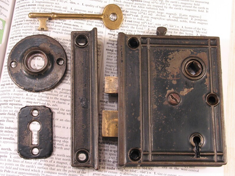 Victorian Door Rim Box Lock Set w Skeleton Key & Brass Bolts Etsy