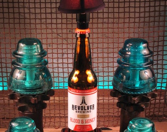 Bottle Lamp Trophy REVOLVER Silver Mirror Beer Light w Black Shade & LED Bulb