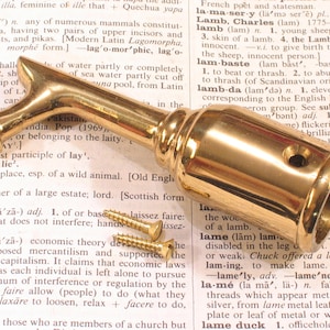 May include: A shiny brass bottle stopper with a distinctive, elongated design and three small screws. The stopper is set against a backdrop of dictionary pages, highlighting its vintage aesthetic. A decorative item for wine bottles.