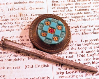 Victorian BLUE CHECKER Picture Nail 1-1/8" Intaglio Glass Head w Brass Trim - Antique Home Hardware #C