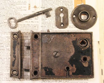 Victorian R&E Door Rim Box Lock Set w Skeleton Key RUSSELL ERWIN Antique Vintage Doorknob Latch Hardware #C