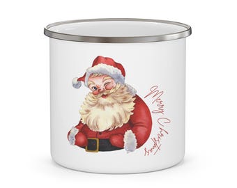Vintage Santa Enamel Camping Mug | Holiday Gift, Merry Christmas Mug, Cozy Camping Essential, Fun Outdoor Cup, Rustic Coffee Mug
