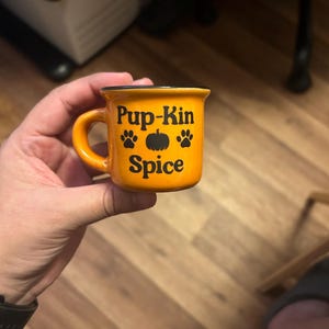 May include: A small, orange ceramic mug with a black rim and handle. The mug features the text "Pup-kin Spice" with a pumpkin and paw print graphics. The mug is held in a person's hand.