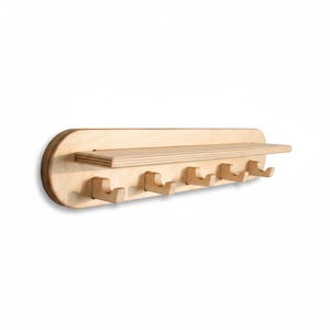 May include: A light-colored wooden wall-mounted rack featuring a horizontal shelf and five evenly spaced hooks. The unit has a rounded rectangular backplate with visible layered plywood edges, providing a functional storage solution for items.