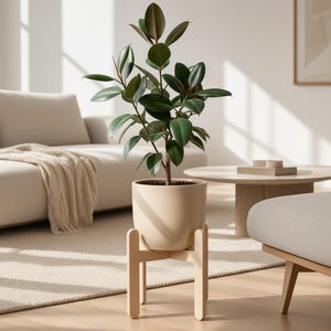 May include: A rubber plant with dark green, oval-shaped leaves potted in a smooth, matte beige cylindrical planter. The planter rests securely on a light-toned wooden plant stand featuring four vertical legs and a cross-shaped base support.