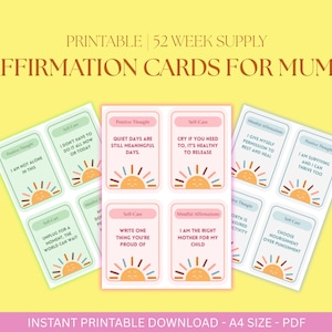 52 tarjetas de autoafirmación y autocuidado para mamás: baraja imprimible de pensamientos positivos para apoyar la maternidad y momentos de consciencia plena.
