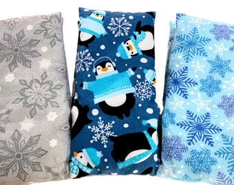 Heated neck wrap rice heating pad, penguins or snowflakes washable covers. Heat pack Microwave neck wrap Rice pillow care gift for teacher.