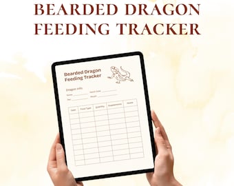 May include: A digital tablet displaying a "Bearded Dragon Feeding Tracker" with fields for dragon info and feeding details. The tablet is held by hands against a soft, watercolor-like background. The text "BEARDED DRAGON FEEDING TRACKER" is at the top.