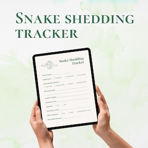 Könnte beinhalten: Ein digitales Tablet mit einem Formular "Snake Shedding Tracker". Das Formular enthält Felder für Datum, Fertigstellungsstatus, Anzeichen vor dem Häuten, Verhaltensnotizen, Länge/Gewicht, Feuchtigkeitsgrad und Behandlung. Der Text "Snake Shedding Tracker" steht oben.
