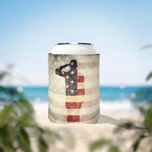 Military Soldier Saluting Can Cooler Sleeve - Patriotic Beverage Holder, Drink Insulator, Bottle Cozy