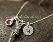 Hand Stamped Sterling Silver Ballerina Dance Ballet Charm Necklace with initial and birthstone