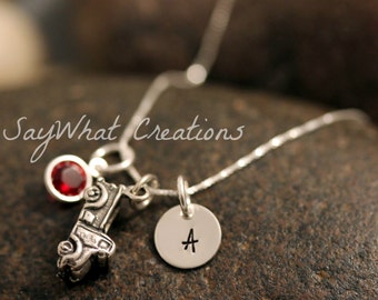 Sterling Silver Mini Initial Charm Necklace with Truck Charm and birthstone