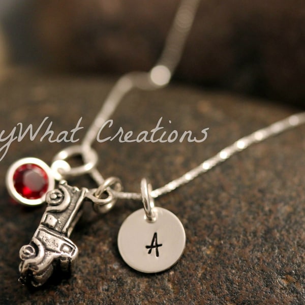 Sterling Silver Mini Initial Charm Necklace with Truck Charm and birthstone
