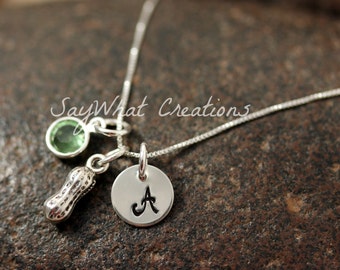 Sterling Silver Mini Peanut Necklace with Personalized Initial and Birthstone