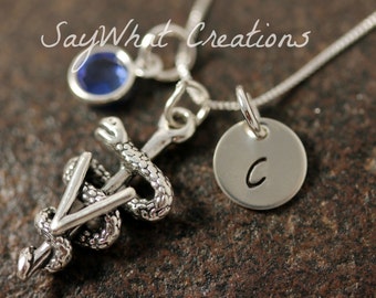 Veterinary Necklace Custom Hand Stamped Sterling Silver Mini Initial with Birthstone and Vet  Symbol Charm